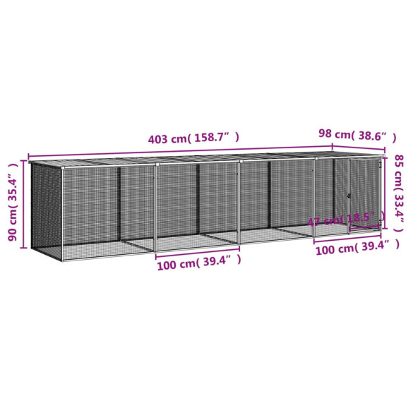 Coteț Pui Antracit 403x98x90 cm - Oțel Galvanizat | Livrare Gratuită