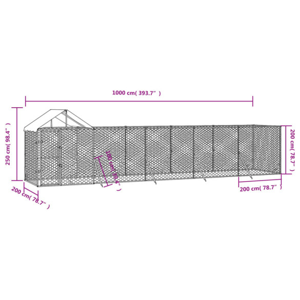 Padoc exterior cu acoperiș argintiu 10x2x2,5 m oțel galvanizat