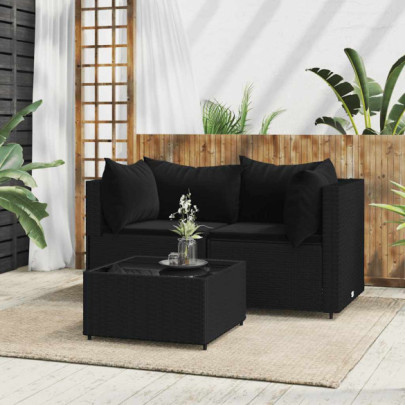 Set mobilier de grădină cu perne - 3 piese - negru - poliratan