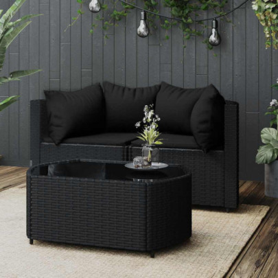 Set mobilier de grădină cu perne - 3 piese - negru - poliratan