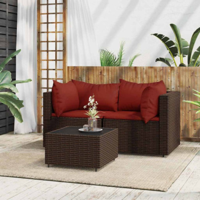 Set mobilier de grădină cu perne - 3 piese - maro - poliratan