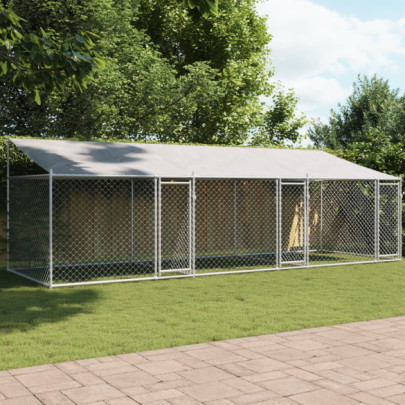 Cușcă câini cu acoperiș și uși - gri - 6x2x2 m - oțel galvanizat