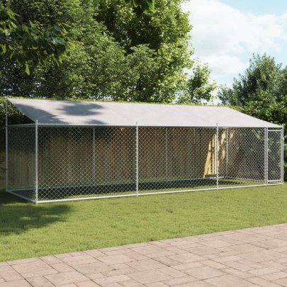 Cușcă câini cu acoperiș și uși - gri - 6x2x2 m - oțel galvanizat