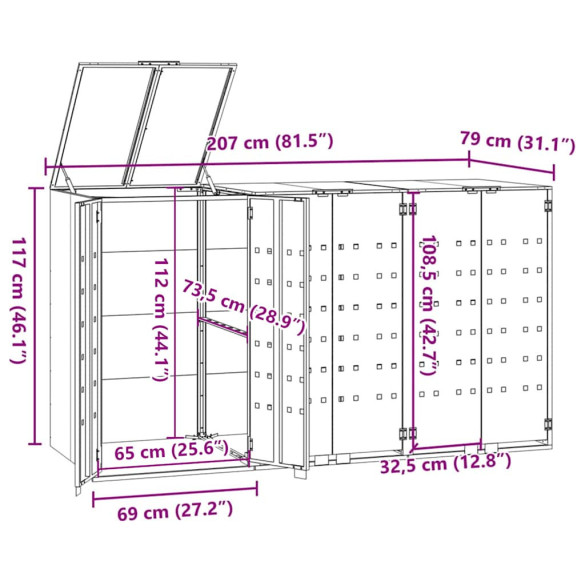 Depozitare Gunoi 3 Coșuri cu Roti | Oțel Rezistent