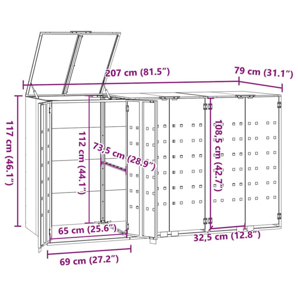 Depozit Gunoi 3 Coșuri cu Rotele Antracit 207x79x117 cm