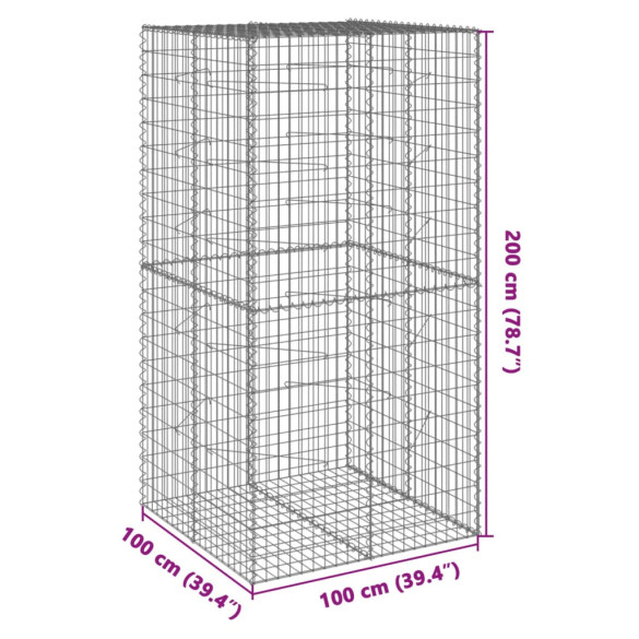 Coș Gabion cu Capac 100x100x200 cm - Fier Galvanizat