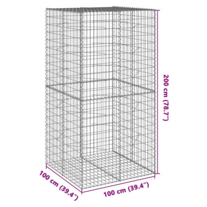 Coș Gabion cu Capac 100x100x200 cm - Fier Galvanizat
