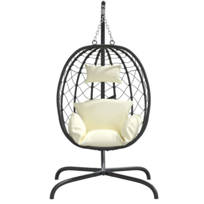 Scaun Suspensat Ou cu Pernă - Alb Crem - Poliratan și Oțel