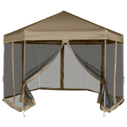 Foișor pop-up hexagonal pereți laterali 3,6x3,1 m taupe 220g/m²