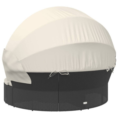 Pat Șezlong Exterior cu Baldachin Negru - Poliratan Rezistent