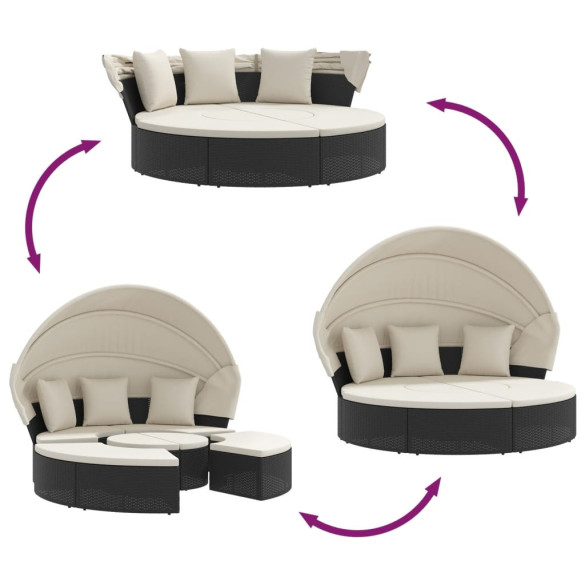 Pat Șezlong Exterior cu Baldachin Negru - Poliratan Rezistent