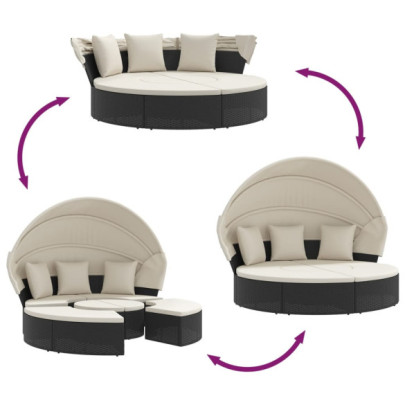 Pat Șezlong Exterior cu Baldachin Negru - Poliratan Rezistent