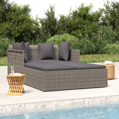 Șezlong cu perne - gri - 182x118x63 cm - poliratan