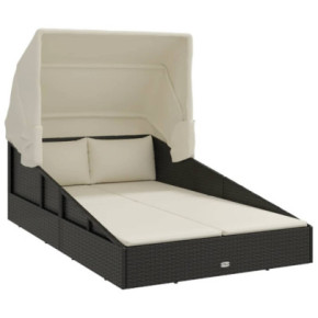 Șezlong cu Acoperiș Pliabil - Negru - Ratan PE - Livrare Gratuită 2