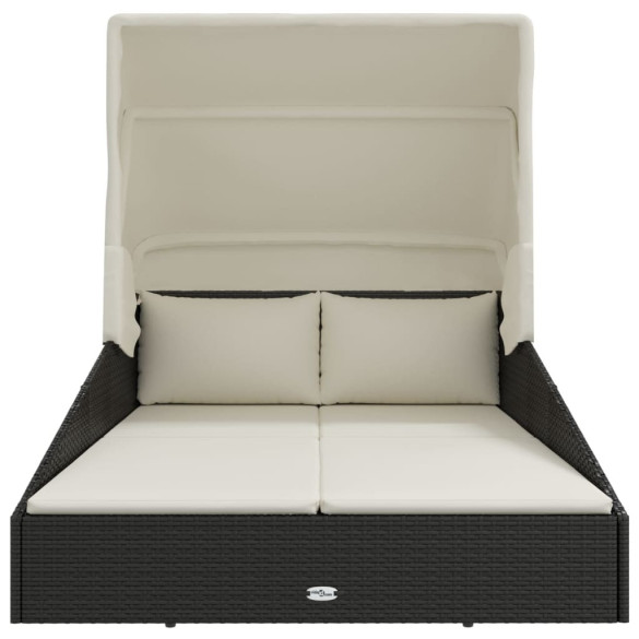 Șezlong cu Acoperiș Pliabil - Negru - Ratan PE - Livrare Gratuită