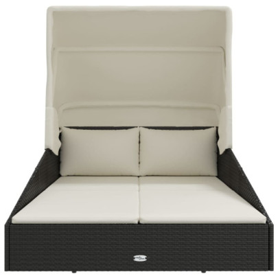 Șezlong cu Acoperiș Pliabil - Negru - Ratan PE - Livrare Gratuită