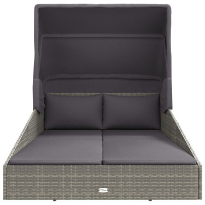 Șezlong cu Acoperiș Pliabil - Ratan PE - Gri - Livrare Gratuită