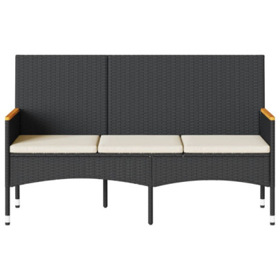 Bancă de grădină 3 locuri cu perne - Negru - Poliratan