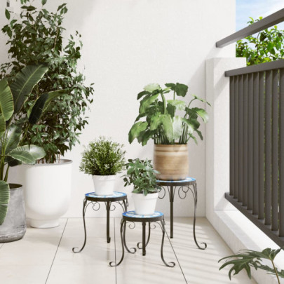 Suporturi Plante Ceramice - 3 buc., Albastru-Alb | Livrare Gratuita