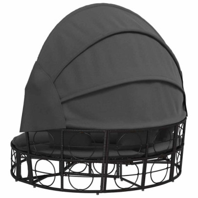 Pat Șezlong Exterior cu Baldachin Negru - Poliratan