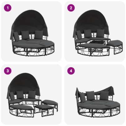 Pat Șezlong Exterior cu Baldachin Negru - Poliratan