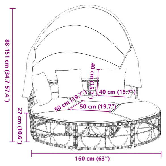 Pat Șezlong Exterior cu Baldachin Negru - Poliratan