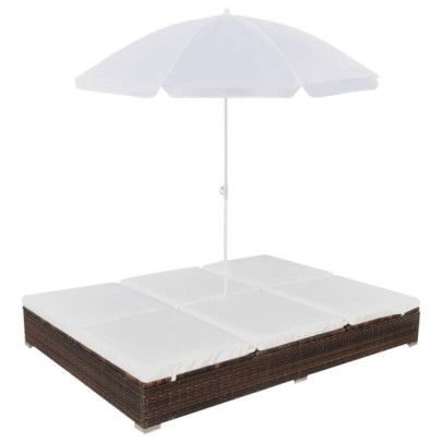 Pat șezlong de exterior cu umbrelă - maro - poliratan