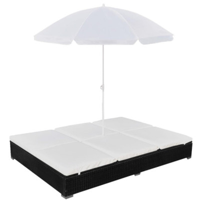 Pat șezlong de exterior cu umbrelă - negru - poliratan