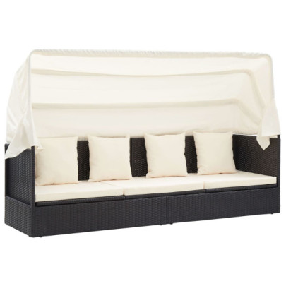 Pat Șezlong Grădină cu Acoperiș - Negru Poliratan