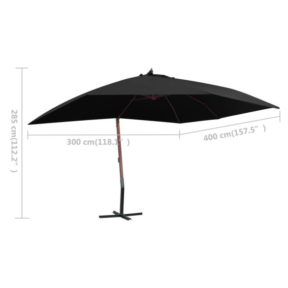 Umbrelă suspendată cu stâlp din lemn - Negru 400x300 cm