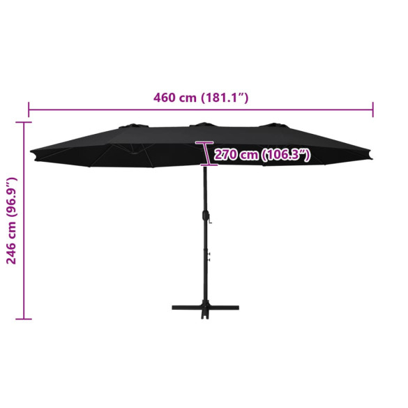Umbrelă de soare exterior cu stâlp aluminiu - Negru 460x270 cm