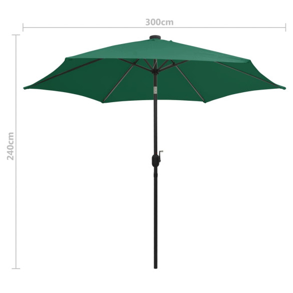 Umbrelă de soare cu LED-uri, 300 cm, aluminiu, verde