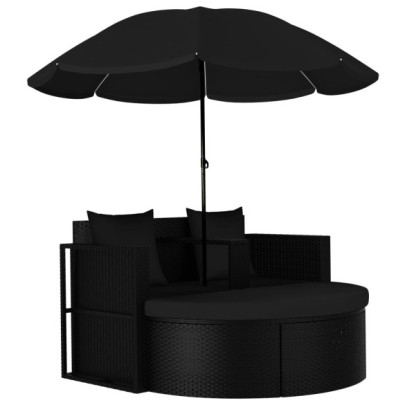 Pat de grădină cu umbrelă de soare - negru - poliratan