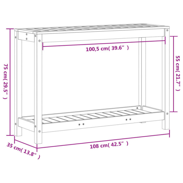 Masă de plantare lemn masiv de pin cu poliță - 108x35x75 cm