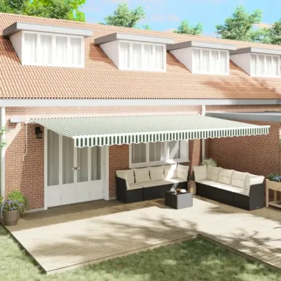 Marchiză retractabilă manuală cu LED verde-alb 600x350 cm