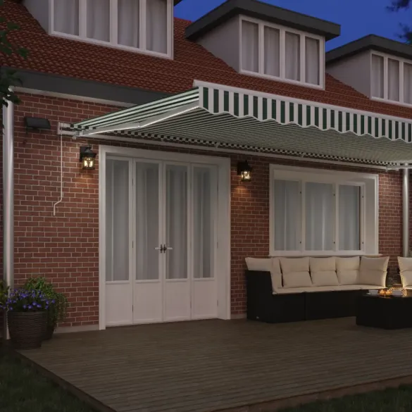 Marchiză retractabilă manuală cu LED verde-alb 600x350 cm