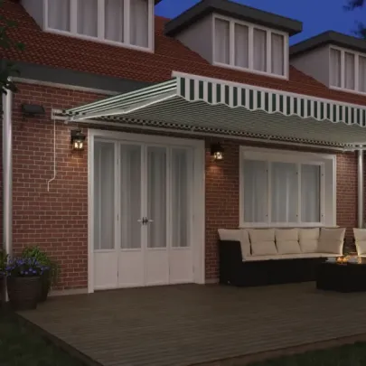 Marchiză retractabilă manuală cu LED verde-alb 600x350 cm