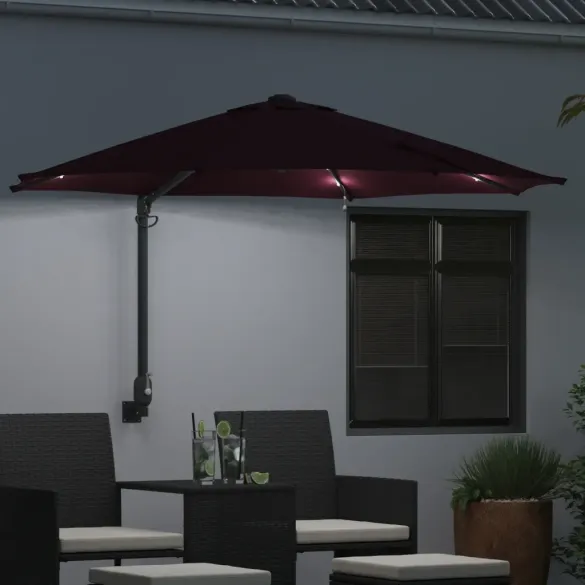 Umbrelă Grădină Montată Perete cu LED-uri Bordo 248 cm