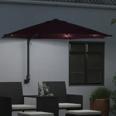 Umbrelă Grădină Montată Perete cu LED-uri Bordo 248 cm