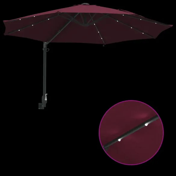 Umbrelă Grădină Montată Perete cu LED-uri Bordo 248 cm
