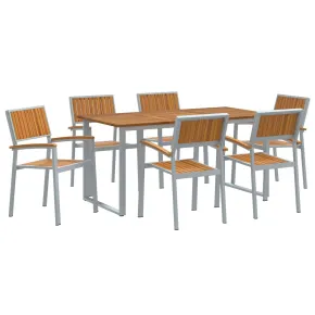 Set Dining Grădină 7 Piese Gri Oțel și Lemn Masiv de Acacia 2