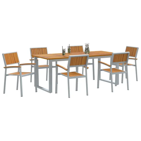 Set Dining Grădină 7 Piese Gri - Oțel și Lemn Acacia | vidaXL
