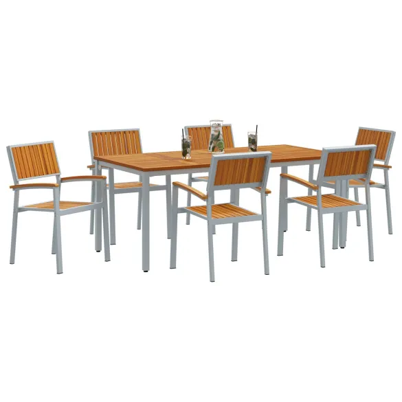 Set Dining Grădină 7 Piese - Lemn Acacia Metal | Livrare Gratuită
