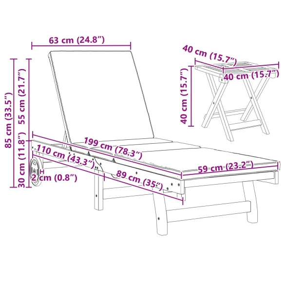 Șezlong cu Masă și Roți - Lemn Masiv de Acacia pentru Exterior
