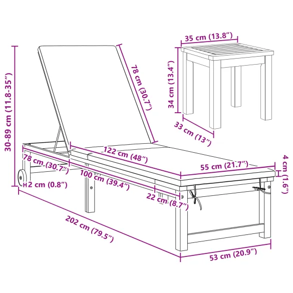 Șezlong cu Masă Lemn Acacia - Set 2 Piese | vidaXL