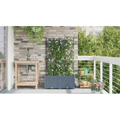 Sistem Irigare Plante Grădină - 2 Ghivece Gri cu Sustinere