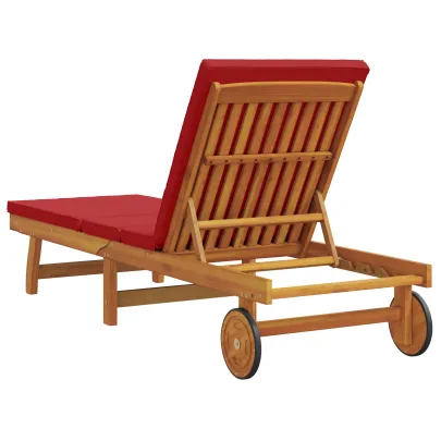 Șezlong Exterior cu Roti din Lemn Masiv - Pernă Roșie Inclusă