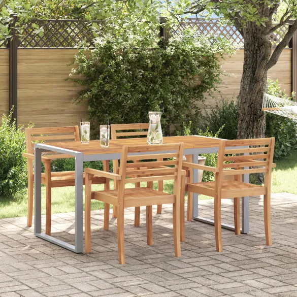 Masă Dining Outdoor Gri 160x80 cm - Oțel și Lemn de Acacia