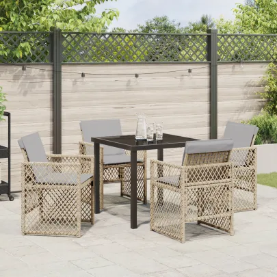 Set Dining Grădină Ratan Bej - Masă 80x80 cm cu Sticlă