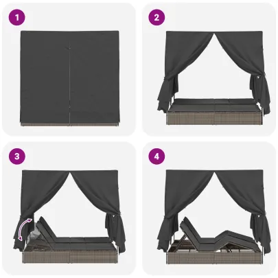 Lounger Dublu cu Acoperiș și Perdele Gri - Comandă cu Livrare Gratuită